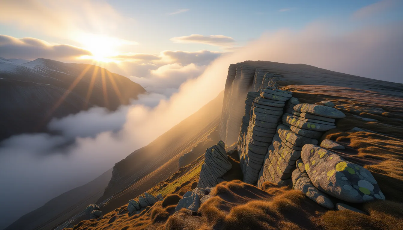 Long-exposure shot of a jagged mountain ridge carved by ancient glacial ice, mist swirling in the va