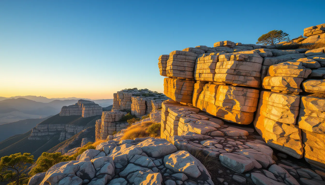 A jagged limestone ridge catches golden hour fire against a deep blue sky, its weathered strata tell