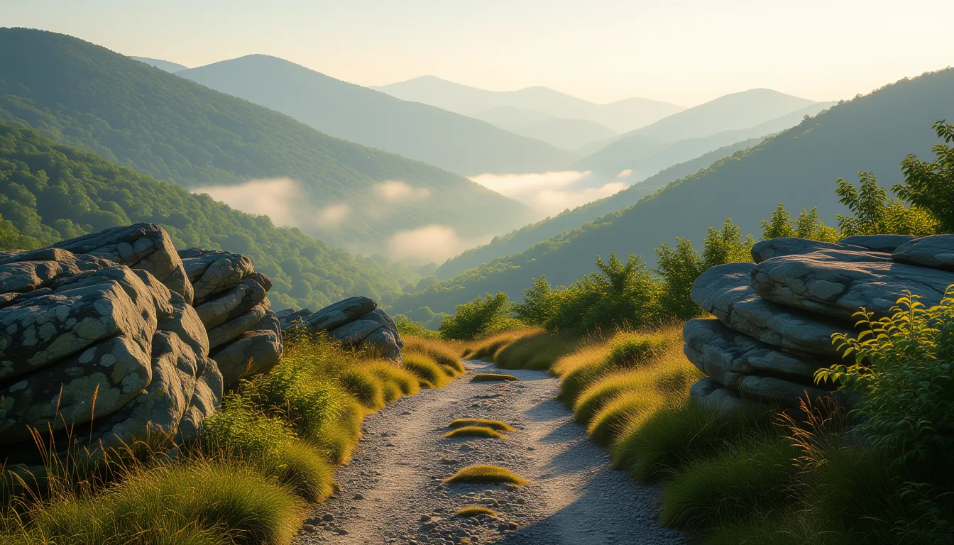 Misty morning light spills through a dense Appalachian valley, illuminating weathered granite outcro