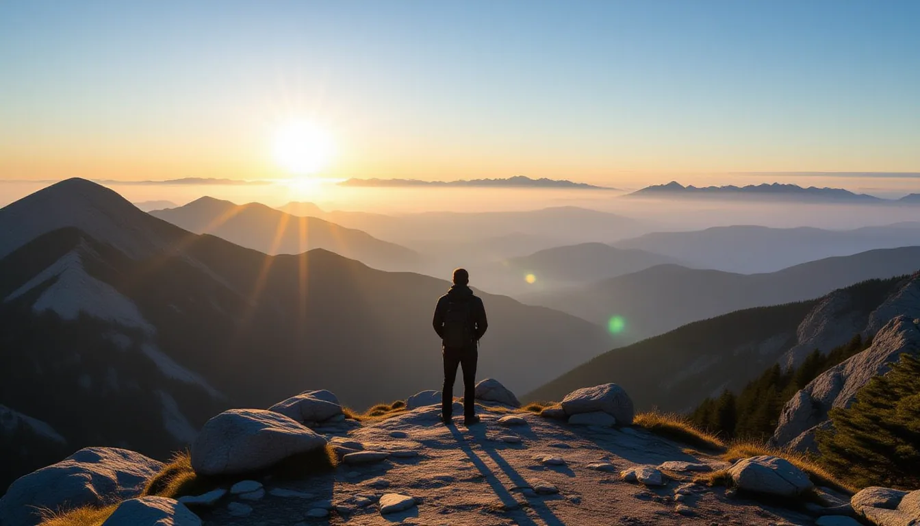 A lone figure stands at a granite overlook on a misty mountain ridge, backlit by low golden-hour sun