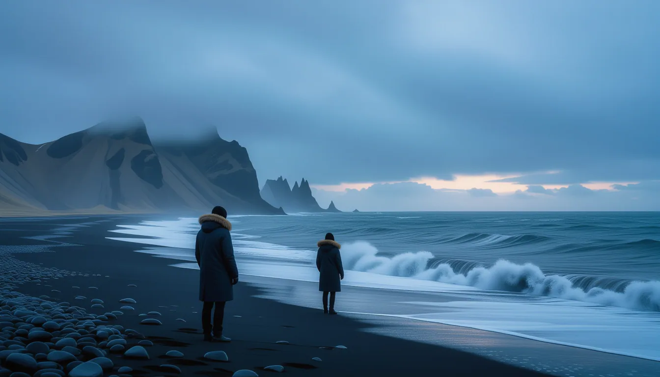 A lone figure in a heavy wool coat stands on the windswept basalt shore of Iceland’s black sand beac