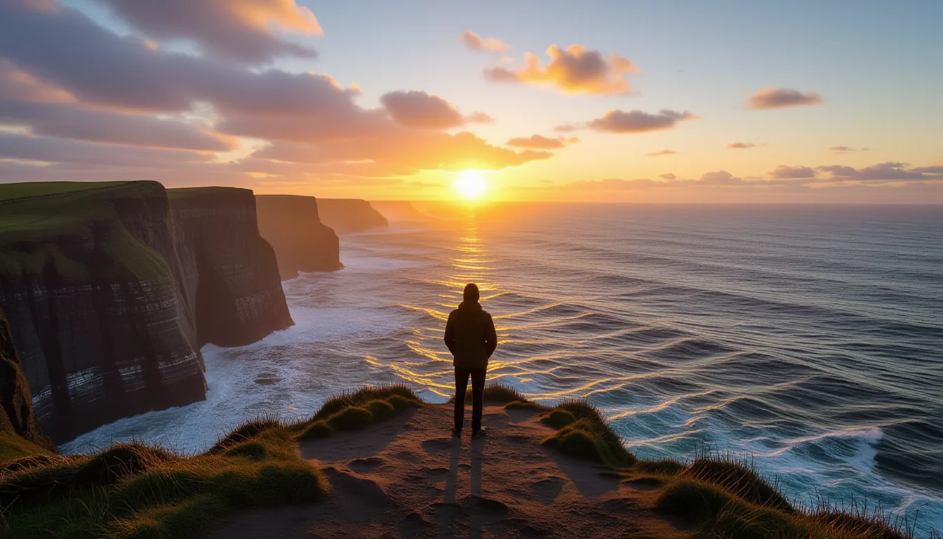 A solitary figure stands at the edge of a windswept coastal cliff at dawn, backlit by the sun cresti