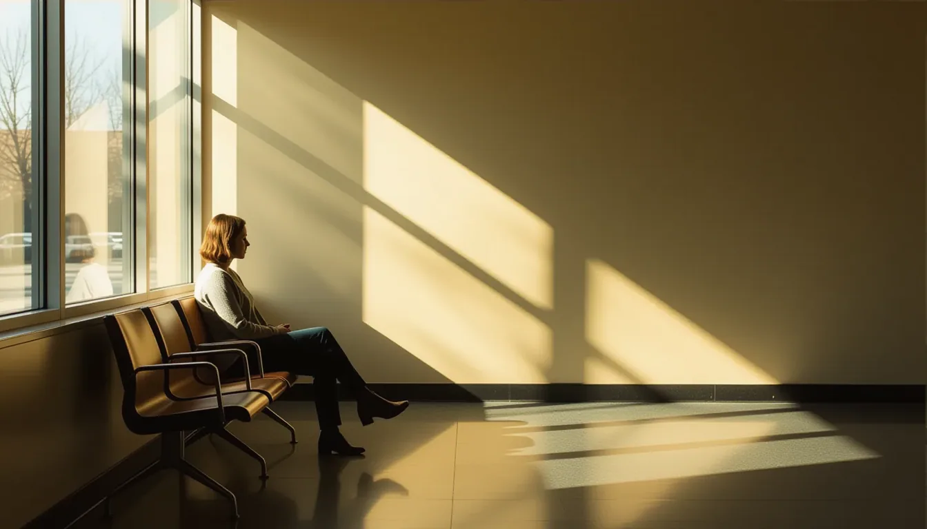 A single shaft of afternoon sun cuts through the hazy air of an empty waiting room, illuminating a l