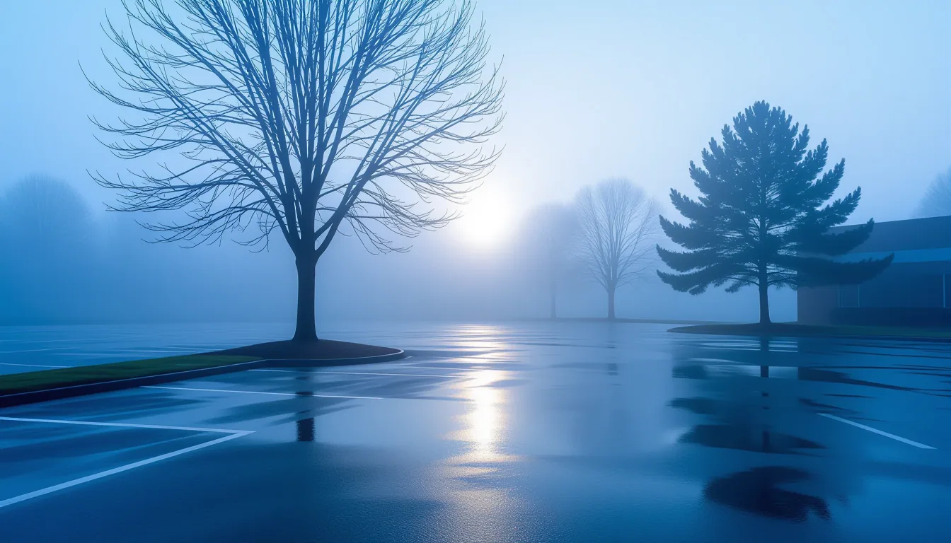Morning fog lifts off a rain-slicked parking lot at dawn, a single shaft of cold blue light cutting