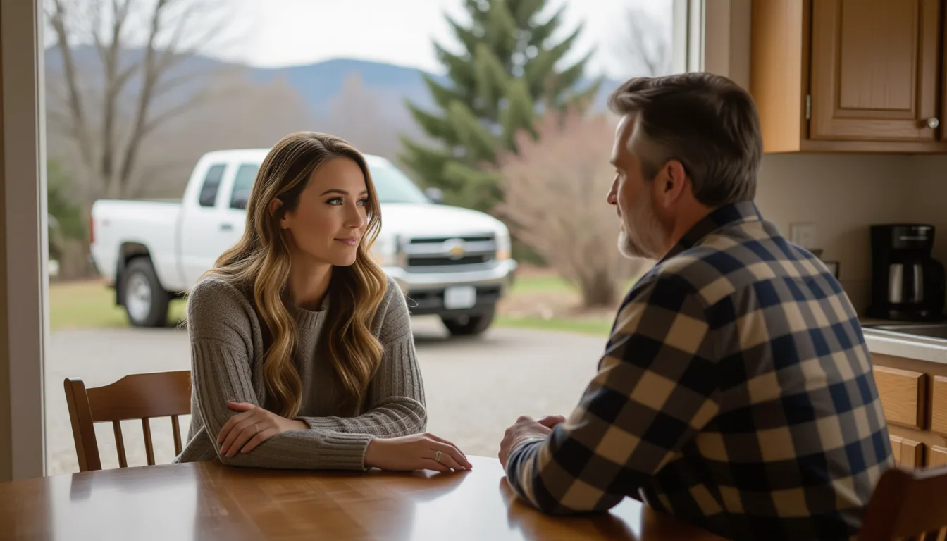 A woman in her thirties, seated at the kitchen table beside a man in his forties. She rests her hand