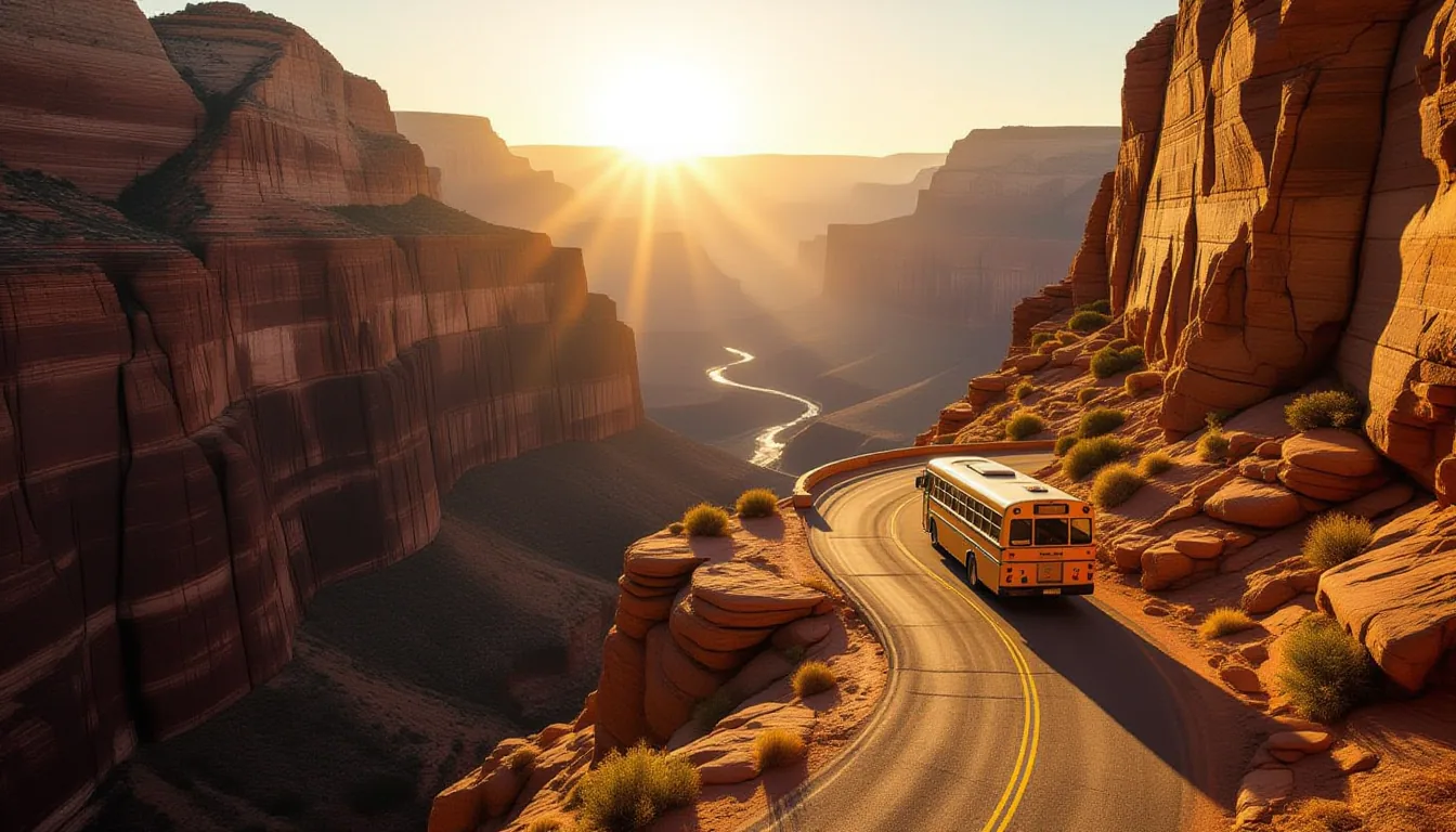 Golden hour light floods the deep canyon floor, casting long, fractured shadows across a narrow, win