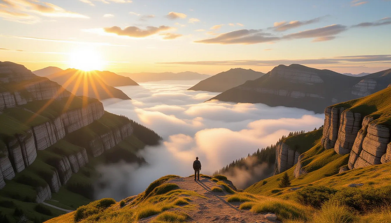 A wide-angle shot of a mist-shrouded mountain valley at golden hour, with a lone figure standing on