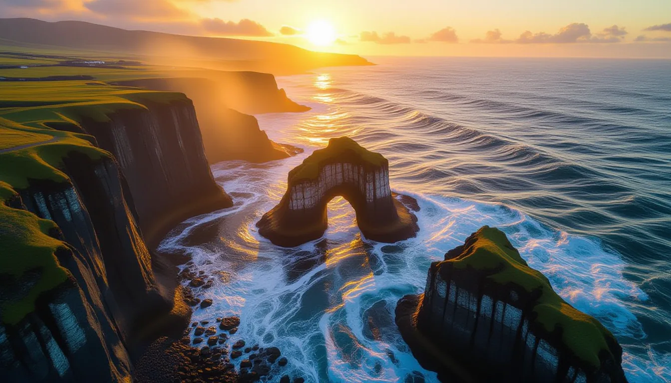 A high-angle drone shot captures a jagged basalt coastline at golden hour, where three parallel wave