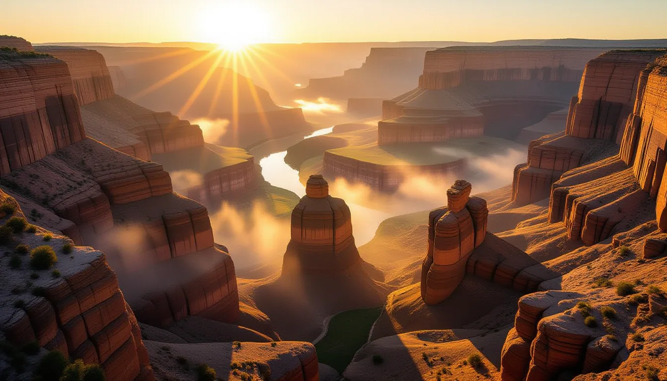 Golden hour light pours through a deep valley, illuminating three distinct rock formations rising fr