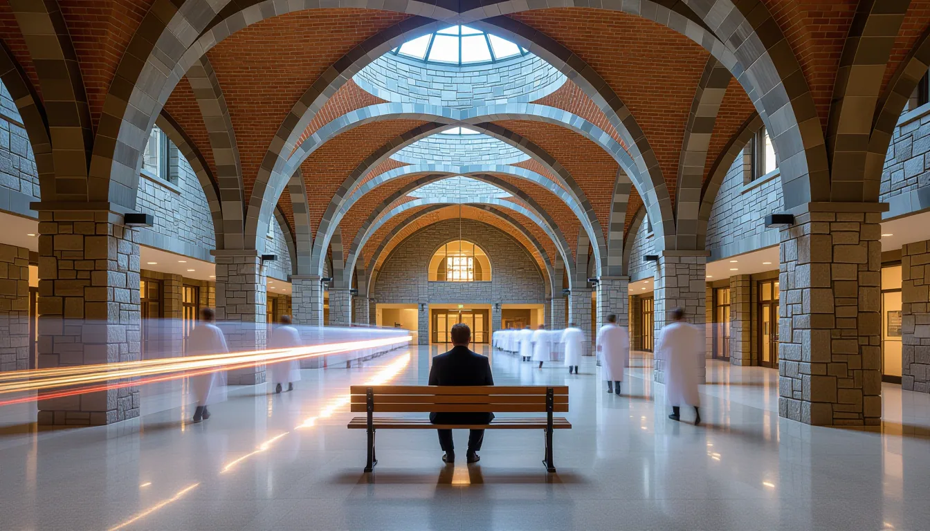 A stone-arched hospital atrium at dusk, long-exposure streaks of white gowns rushing past a still fi