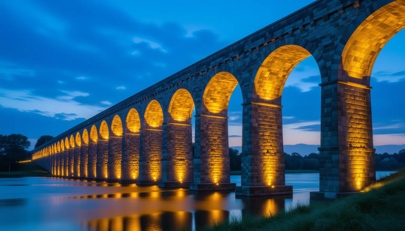 Long-exposure capture of a stone viaduct’s repeating barrel arches at golden hour, warm light spilli