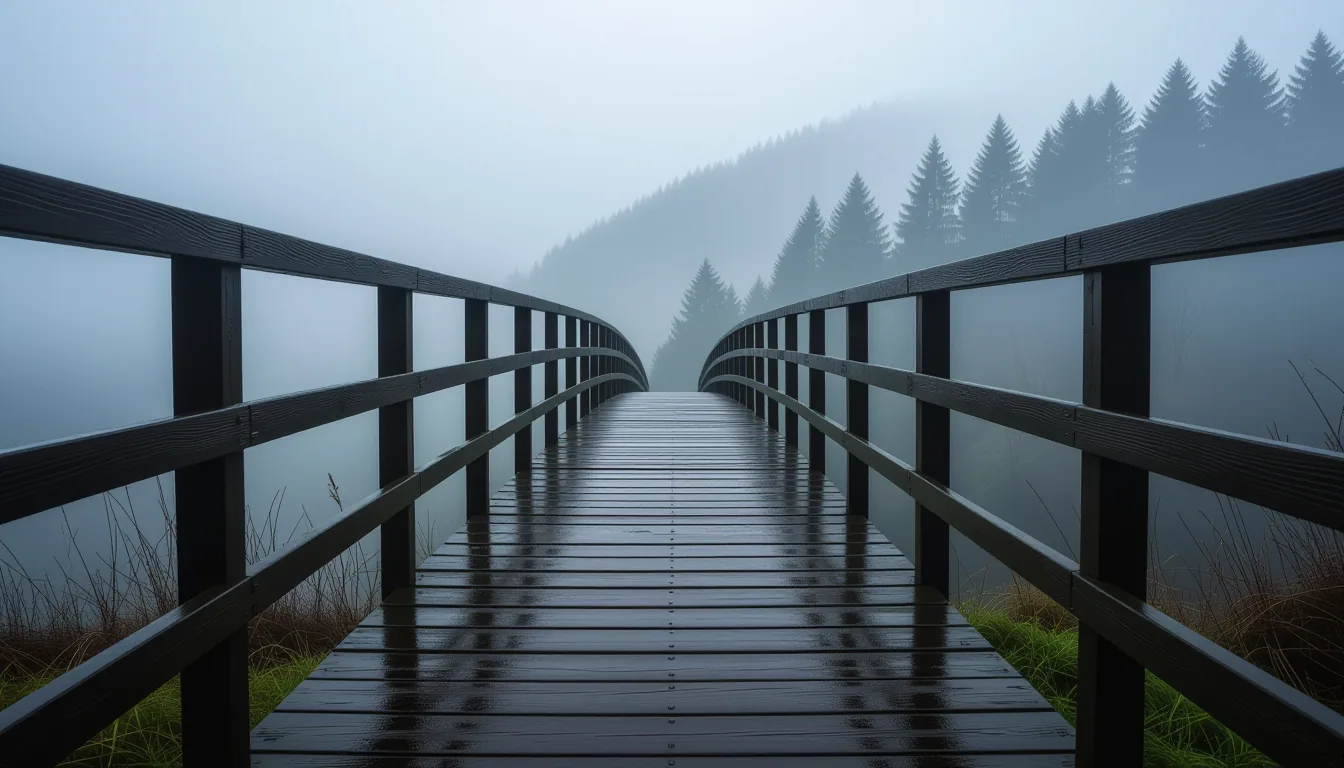 A narrow footbridge sways over a mist-choked valley, its weathered planks worn smooth by three years