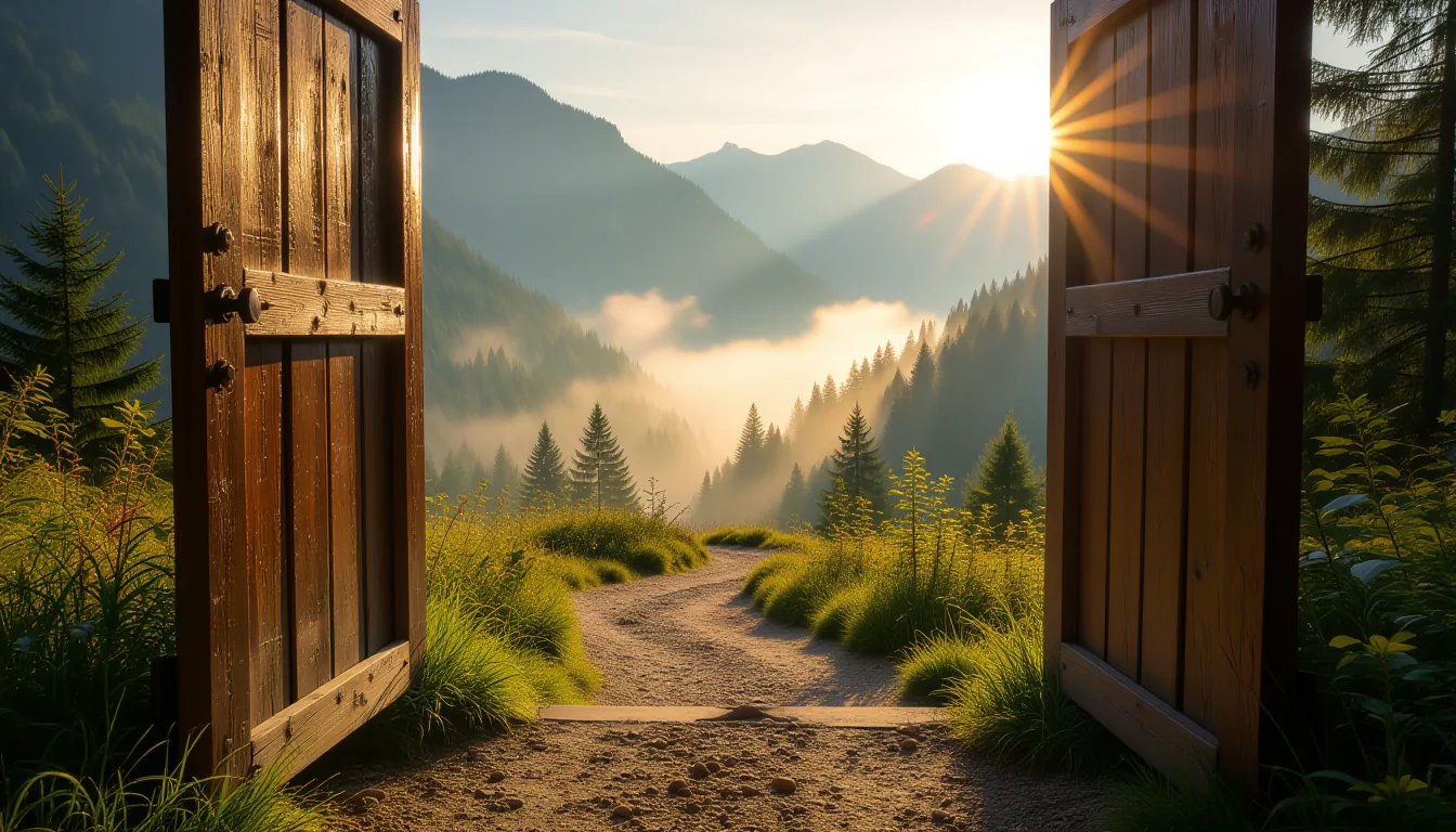 Golden hour light slants through an open wooden door, illuminating dust motes dancing in the air abo
