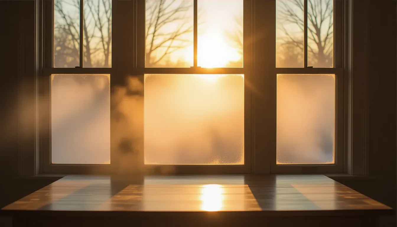 Golden hour sunlight pours through a tall, narrow window, illuminating floating dust motes over a ba