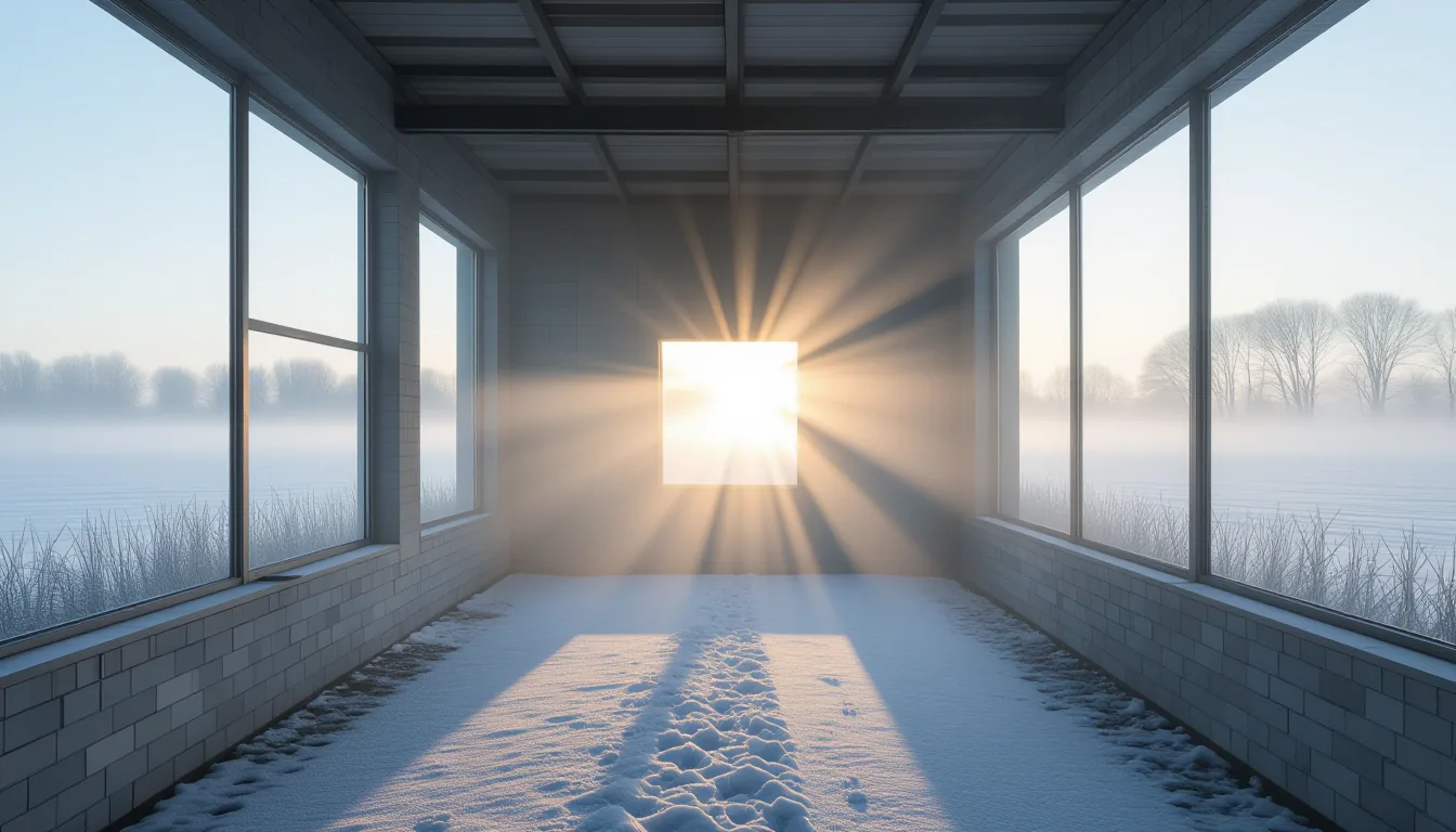A long-exposure shot through a windowless room: thick winter fog rolls in from a frozen field, catch