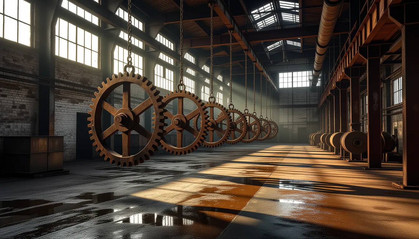 Overcast diffused light illuminates a weathered factory floor where rusted steel gears hang suspende