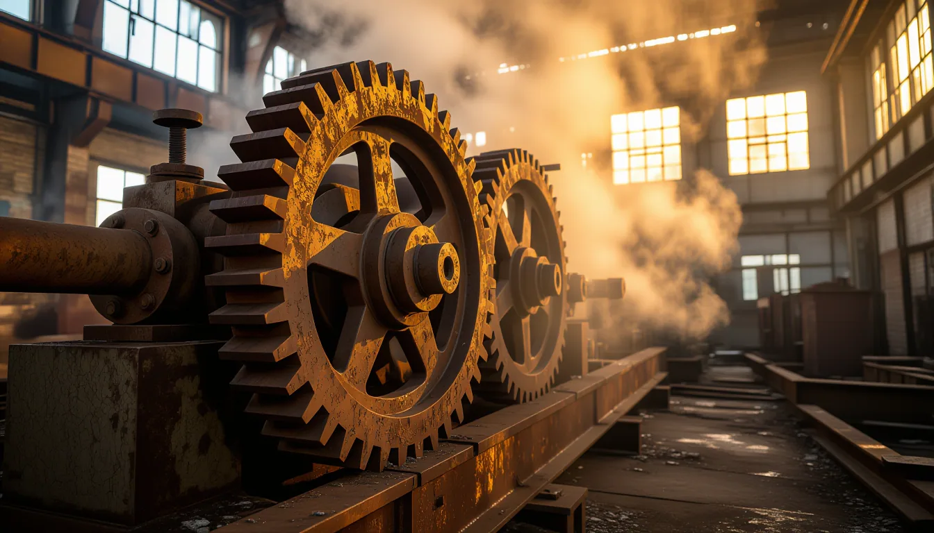A rusted industrial gear train in an abandoned factory, steam hissing through corroded pipes at gold