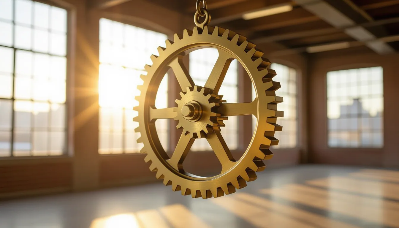 A brass kinetic sculpture of interlocking gears hangs suspended in a sunlit industrial loft, slow-mo