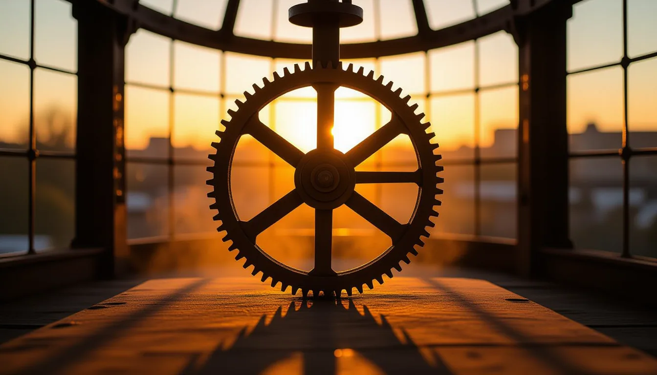Golden-hour amber light spills through the rusted ironwork of a decommissioned clock tower, catching