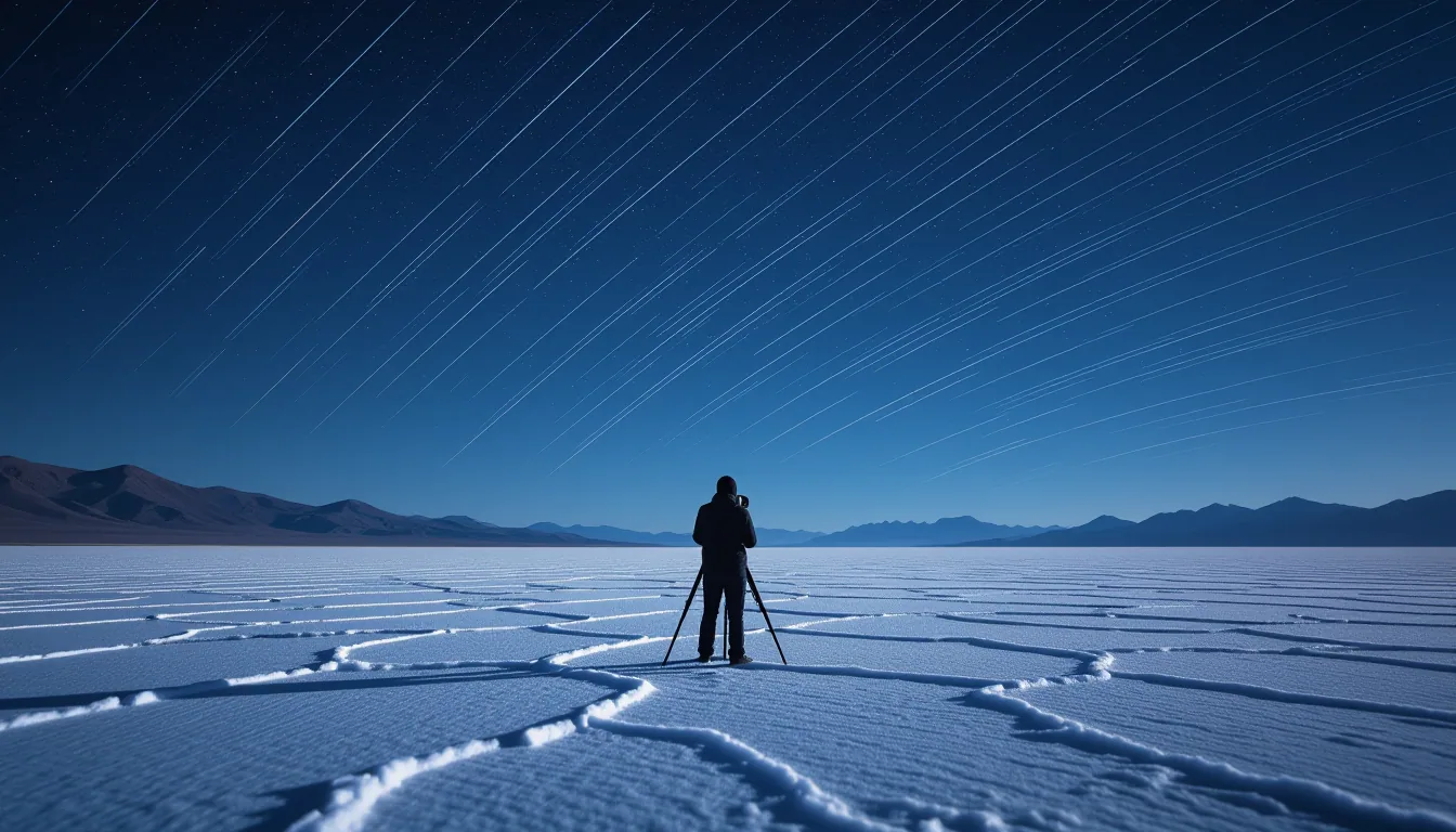 A lone figure stands at the edge of a salt flat under a star-scattered night sky, camera mounted on