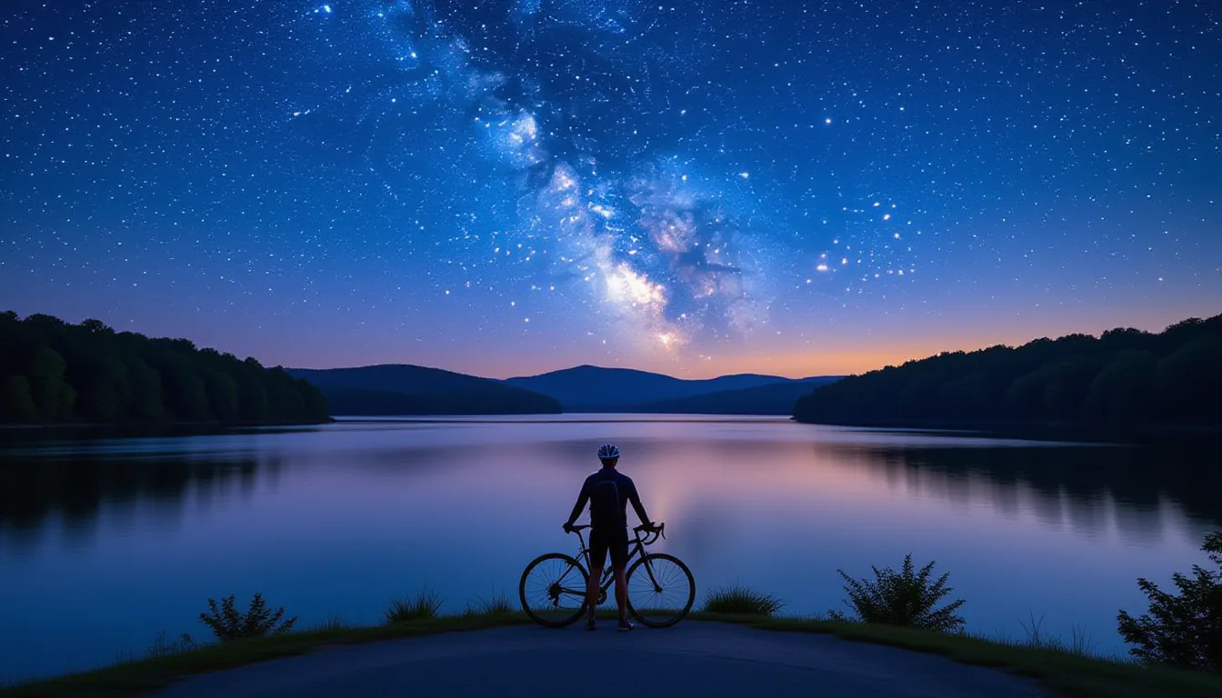 A lone cyclist stands on the rim of the Saluda Shoals reservoir at blue hour, dwarfed by the star-st