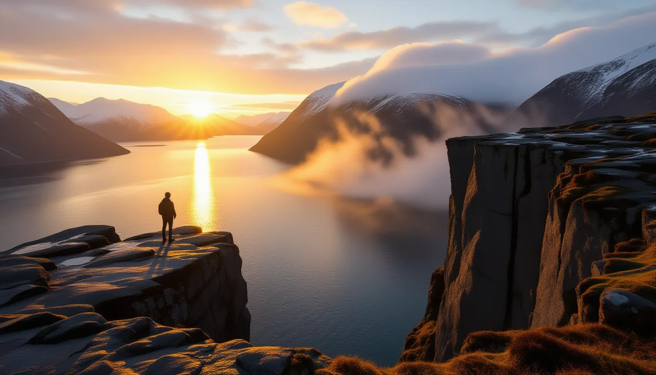 A lone figure stands on a basalt cliff edge overlooking a fjord at golden hour, the sun's warm light