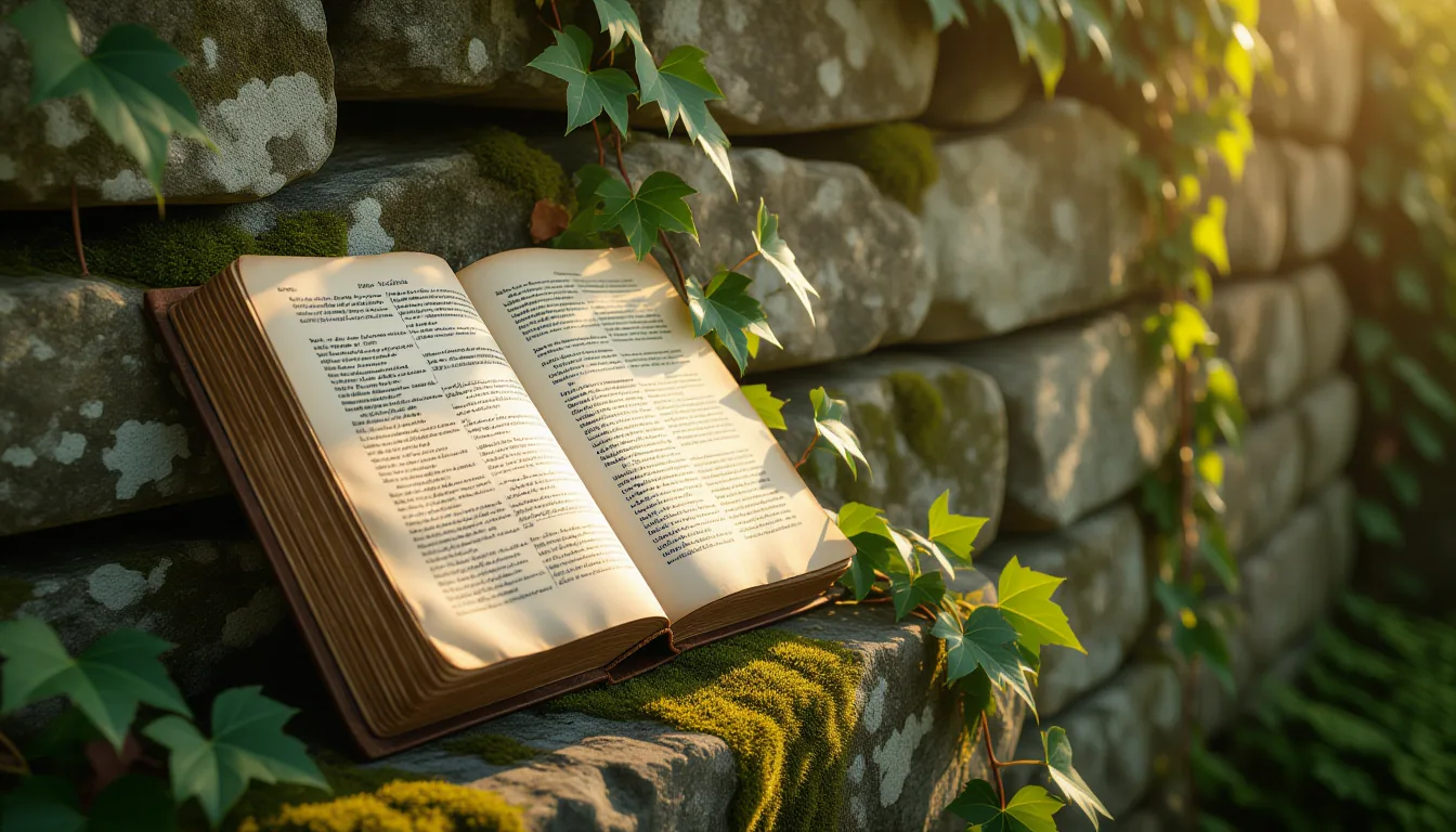 A weathered ledger sits on a mossy stone wall in late afternoon sun, its pages partially consumed by