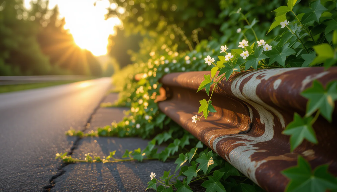 A dappled canopy of wild ivy drapes over the rusted guardrail along a forgotten stretch of highway