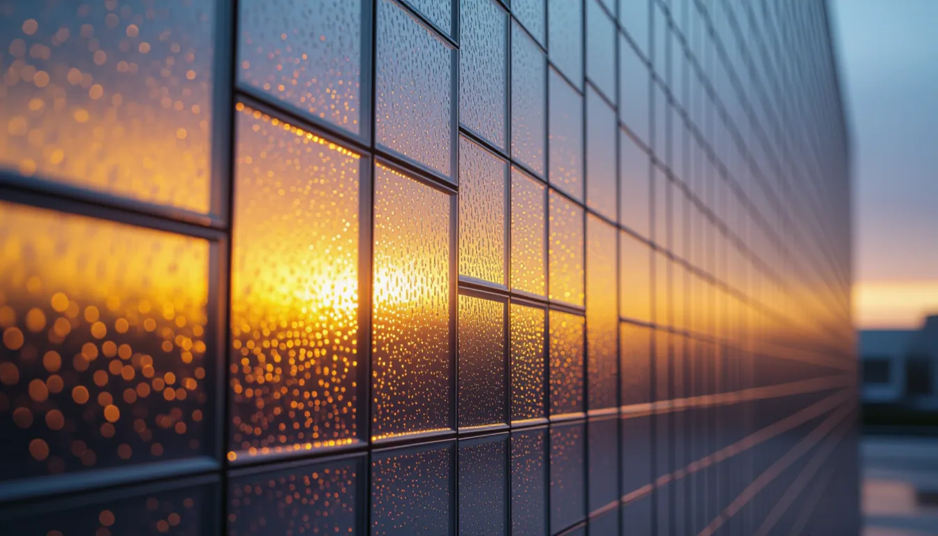 A cascade of frosted glass panes drifts against a rain-streaked warehouse wall at twilight, their sh