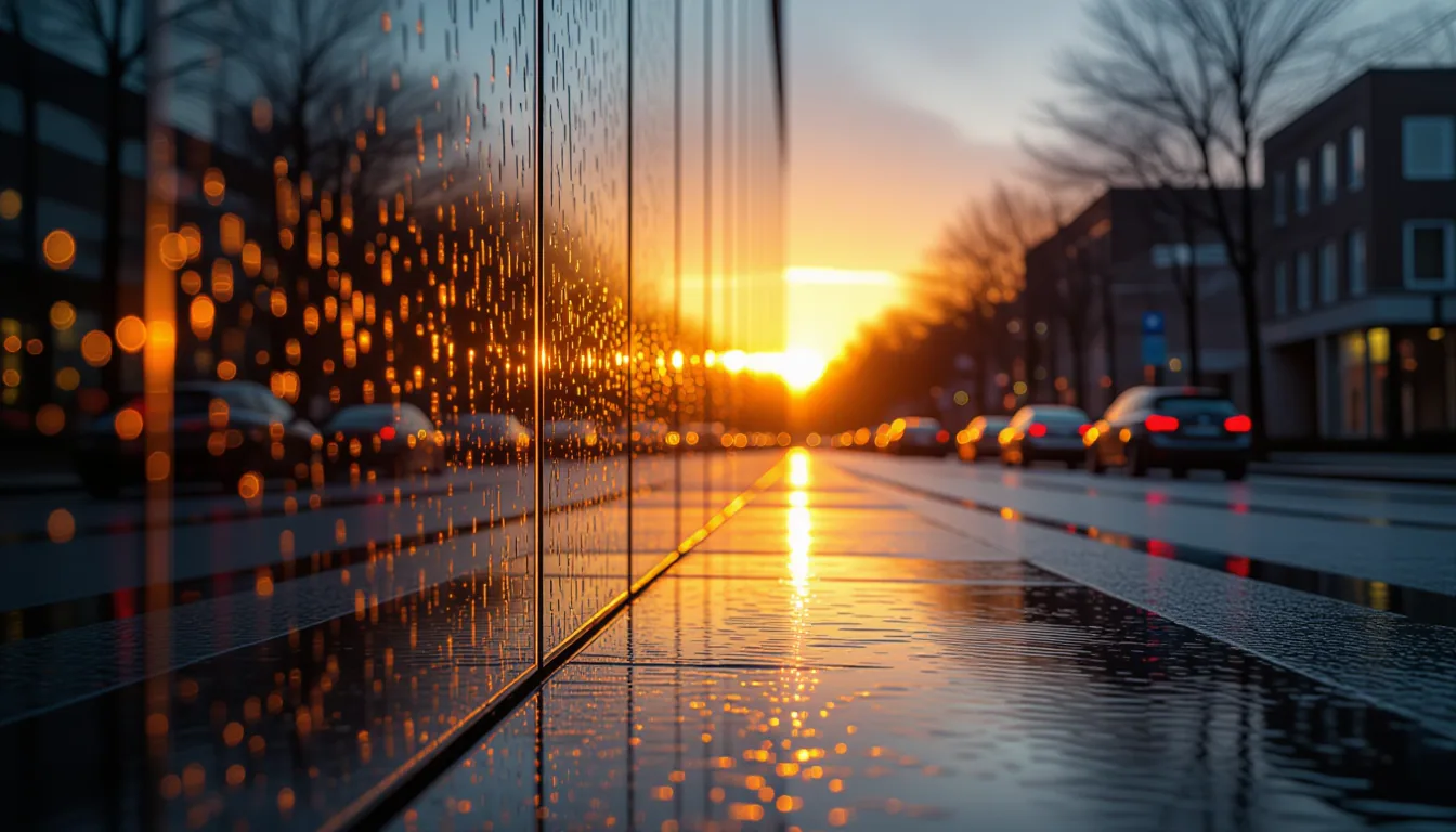 Golden hour light fractures through stacked translucent acrylic panels above a rain-slicked street