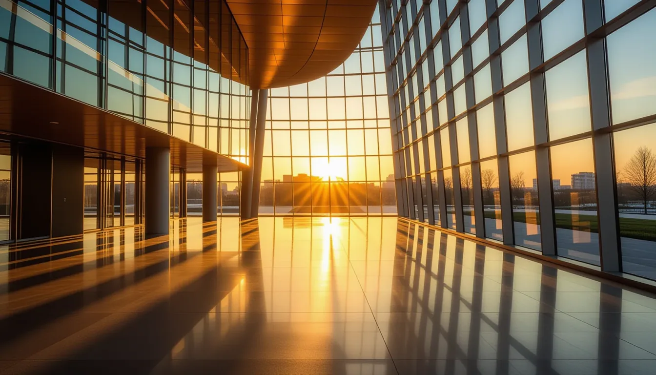 Long-exposure captures a glass-walled atrium at golden hour where layered translucent acrylic panels