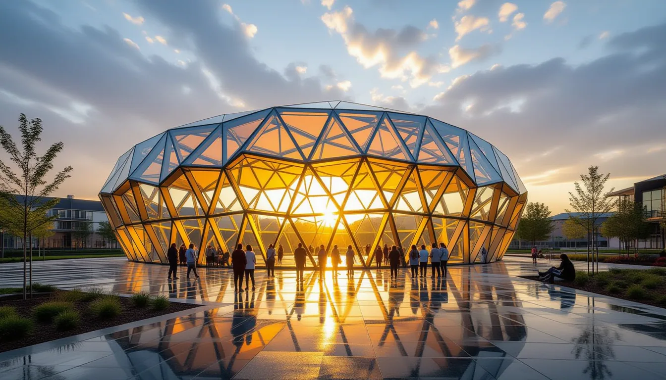Golden hour light catches the interlocking hexagonal glass panels of a new community pavilion, their