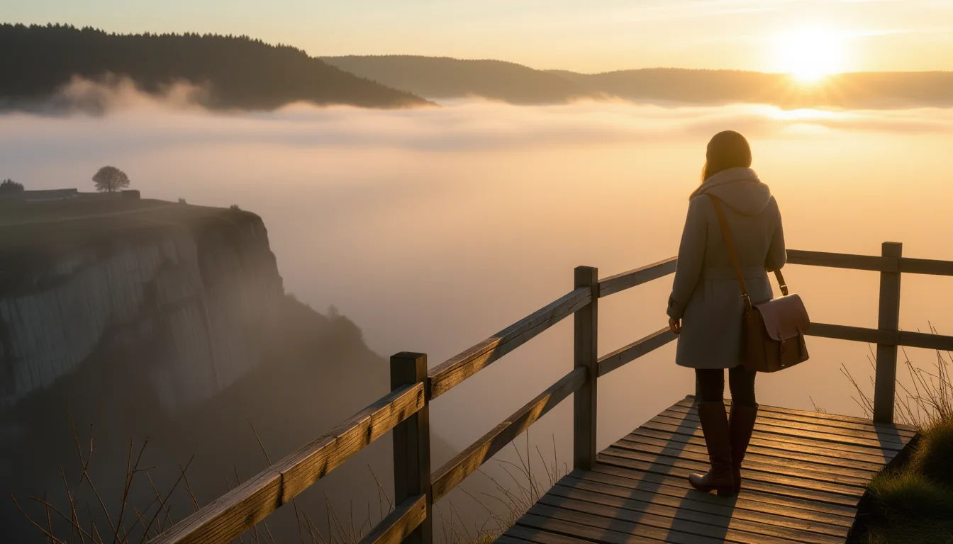 A lone figure stands on an exposed wooden footbridge spanning a misty gorge at dawn, one hand grippi