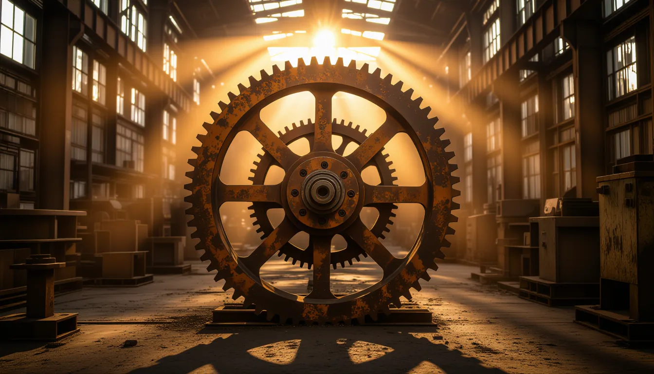 Golden-hour shafts cut through a rusted industrial factory, illuminating interlocking steel gears mi