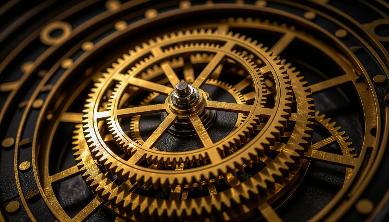 A macro shot through the interlocking brass gears of a 1920s astronomical clock, their teeth catchin