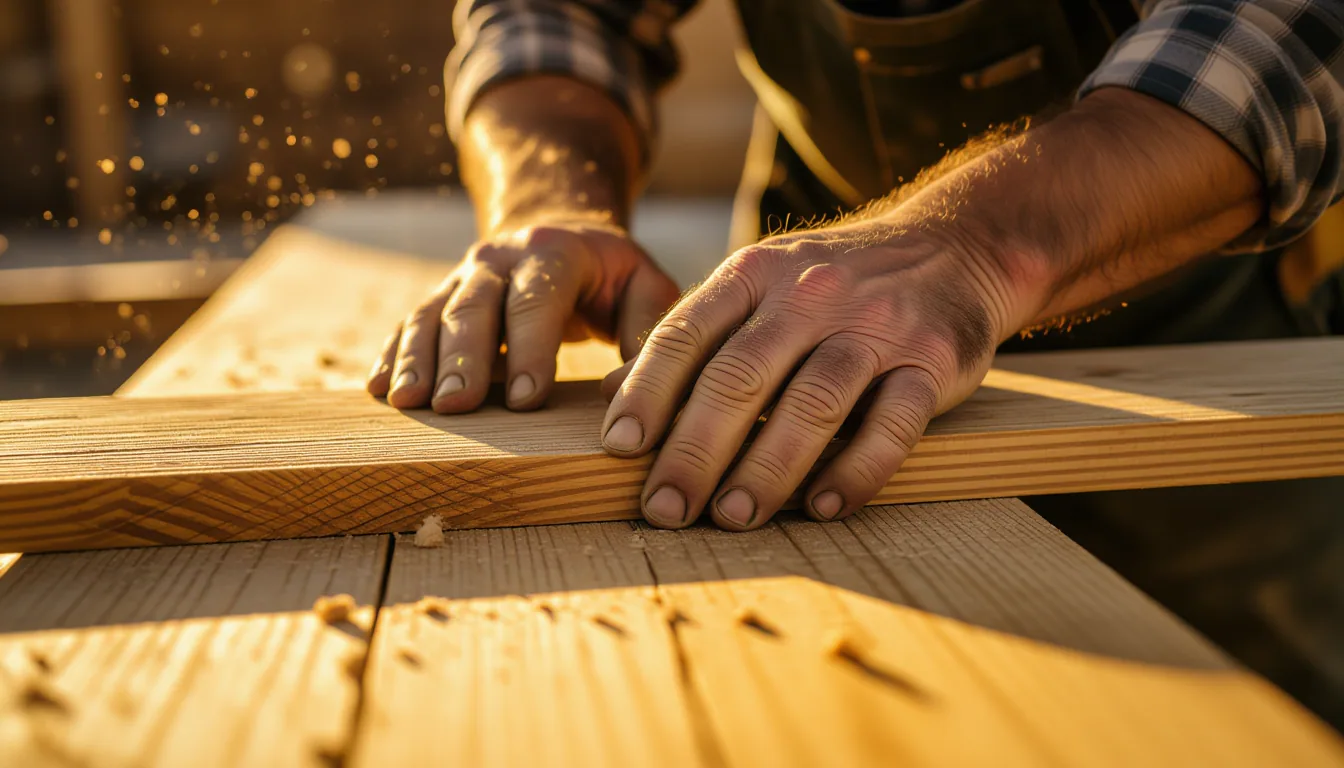 A weathered carpenter’s scarred knuckles press a splintered board into place, golden-hour light catc