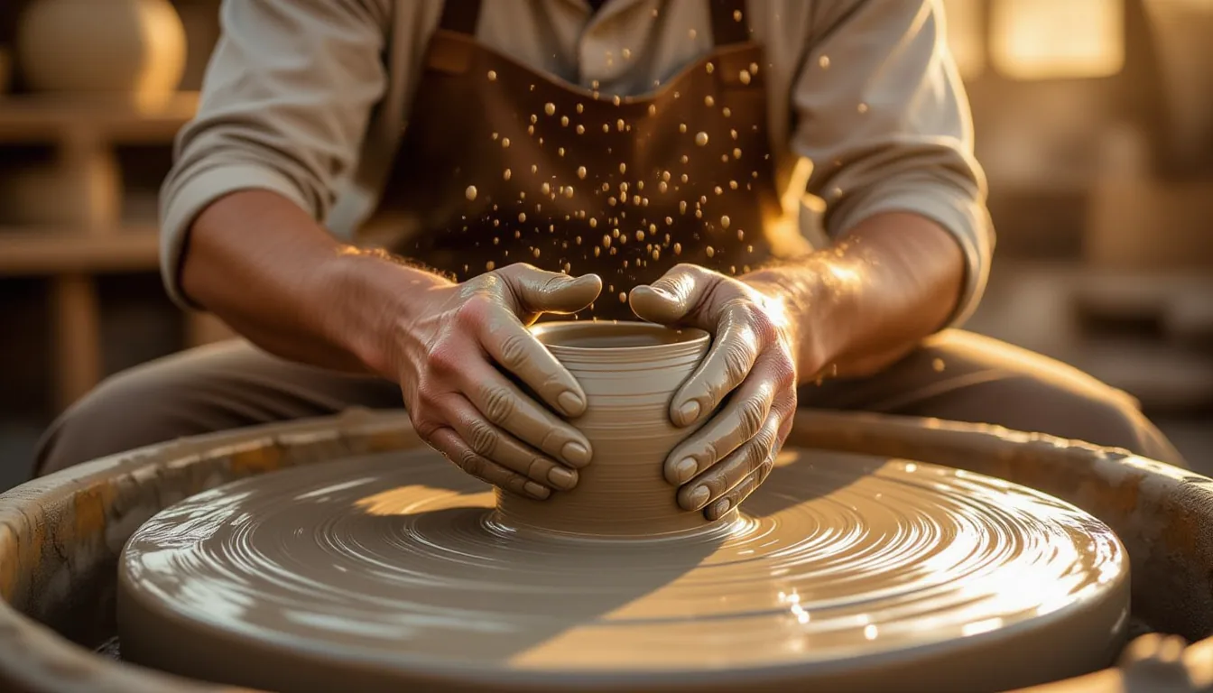 Golden-hour shafts illuminate a potter’s calloused hands, fingers embedded in wet grey clay on a spi