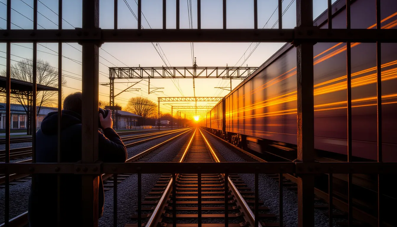 A photographer’s eye peers through the rusted iron grating of an old railway station at dusk; golden