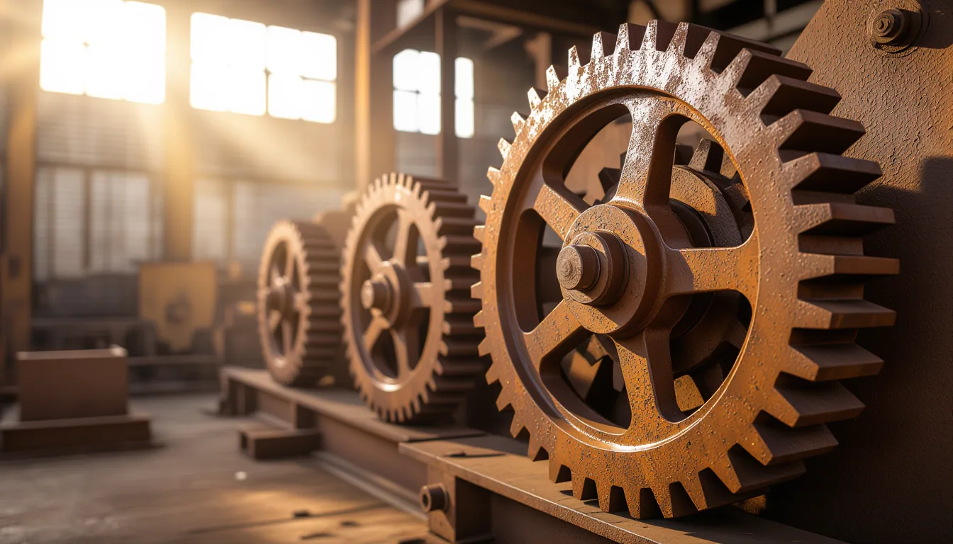 Overcast diffused light on a rusted iron gear train in an abandoned Charleston foundry, shallow dept