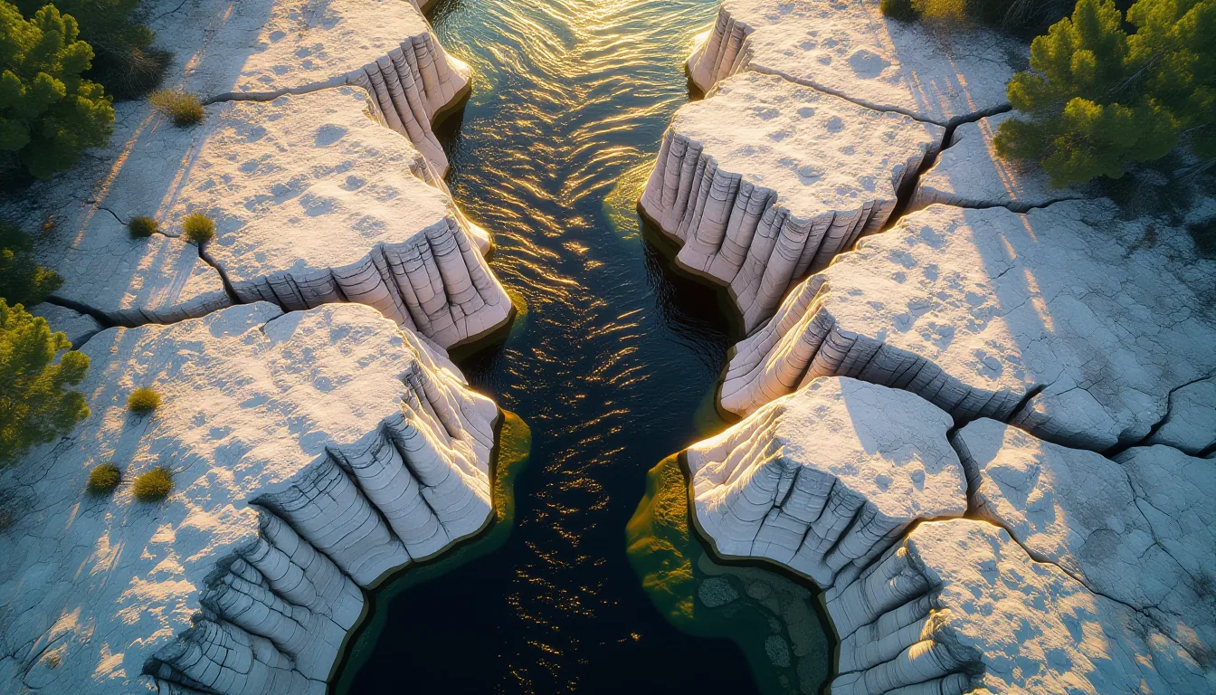 Aerial shot of a river splitting around a jagged rock outcropping, its dark water carving a sharp fa