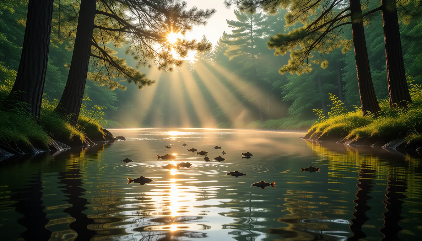 Golden-hour light spills through a canopy of misted upstate pines onto a dark river, where silver tr