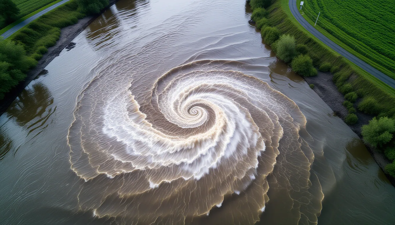 Aerial shot of a slow-moving river where a sudden whirlpool forms at the confluence of two muddy tri