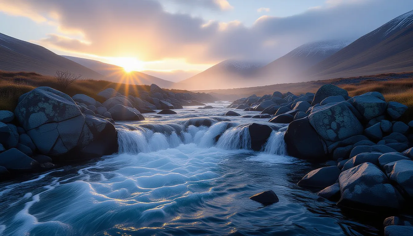 Mist rises off a glacial river at dawn, camera panning 1/60s to freeze turbulent white-water churnin