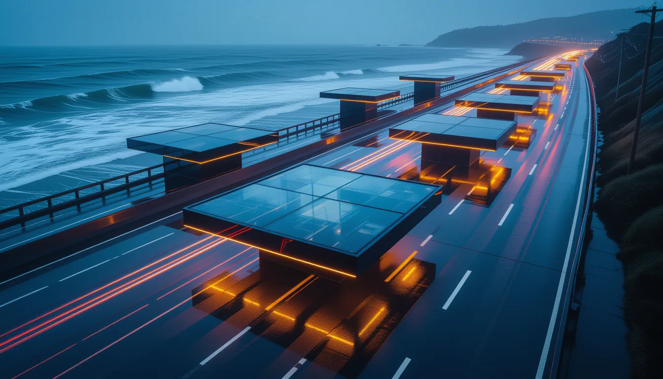 Aerial long-exposure captures geometric floating platforms above a stormy coastal highway, layered t