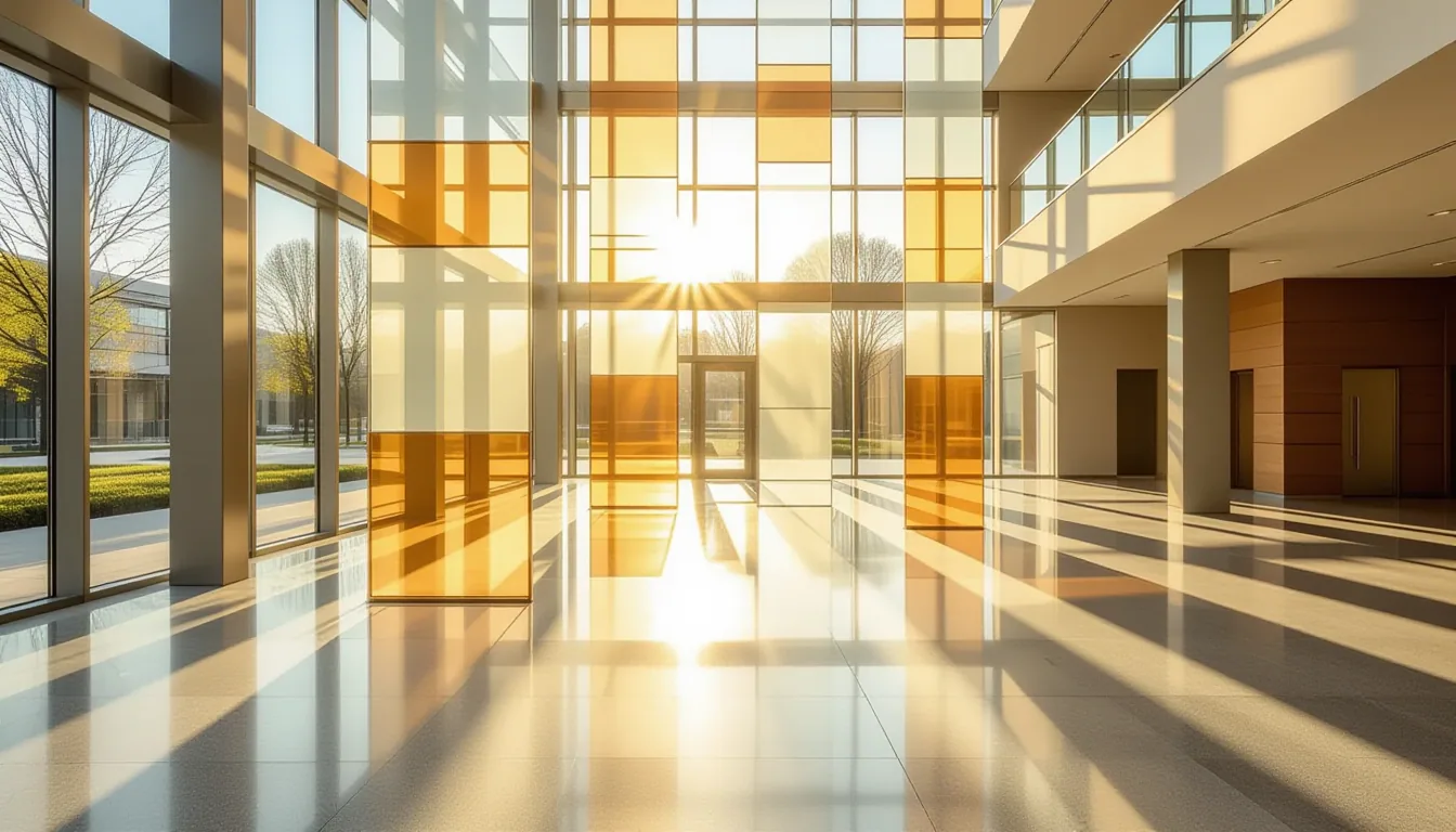 Sunlight strikes layered translucent acrylic panels stacked in a glass atrium, casting tessellated g