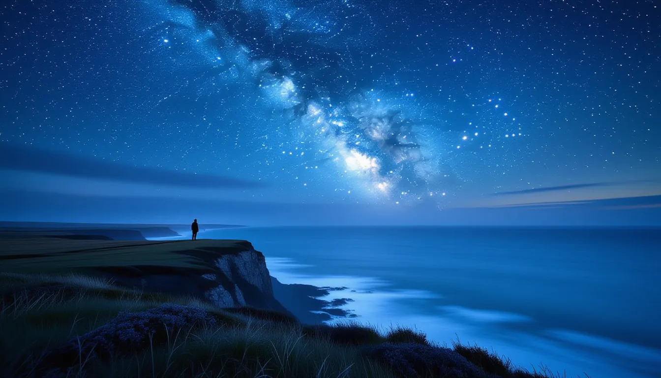 A lone figure stands on a windswept coastal bluff at dusk, tiny against the vast indigo sky where th