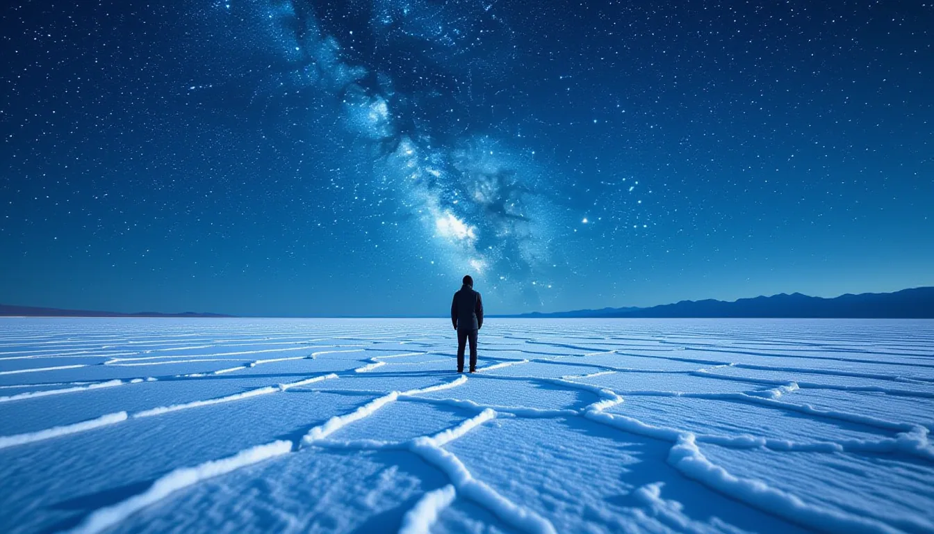 A lone figure stands at the edge of a salt flat, knees deep in white crystalline crusts reflecting t