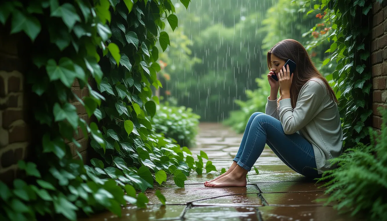 A woman sits on cracked garden stones beside a wild tangle of ivy and creeping fig, phone pressed to