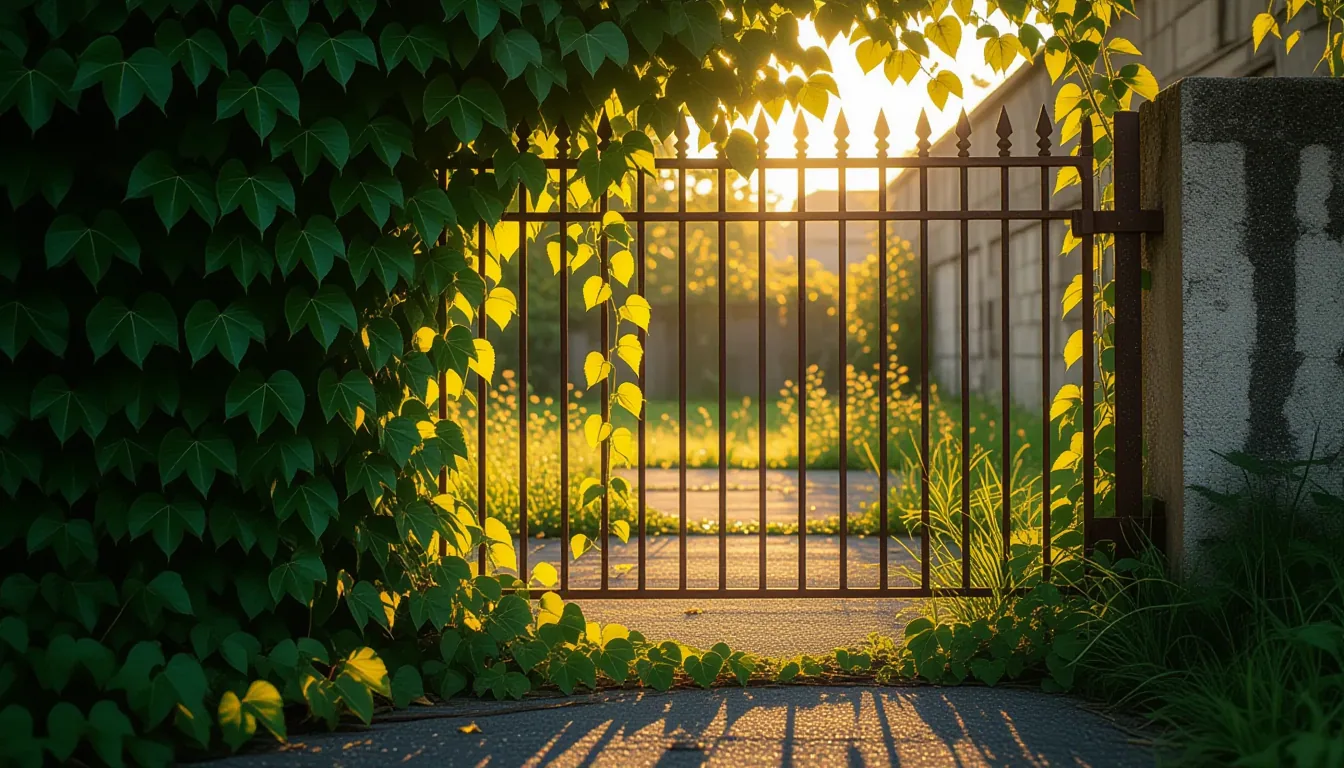 A tangle of ivy climbs the rusted iron fence of an abandoned lot, its thick vines pressing against c