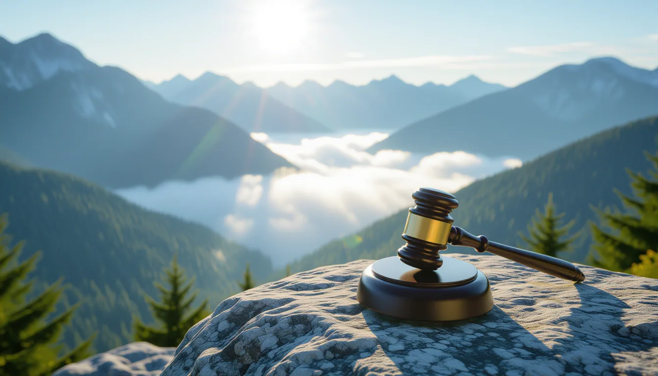 Sunlight catches a lone white gavel resting on weathered granite, perched high above a misty valley